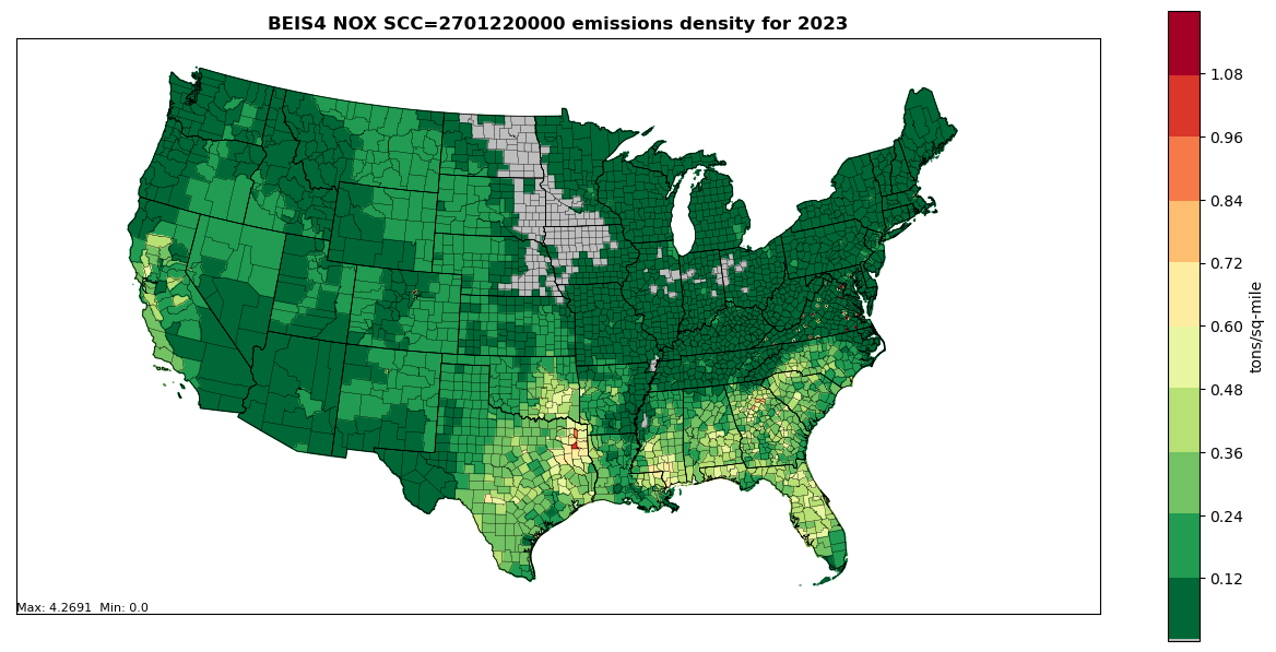 This figure shows an annual NOX County emissions density map for year 2023 (tons per square mile) for SCC 2701220000