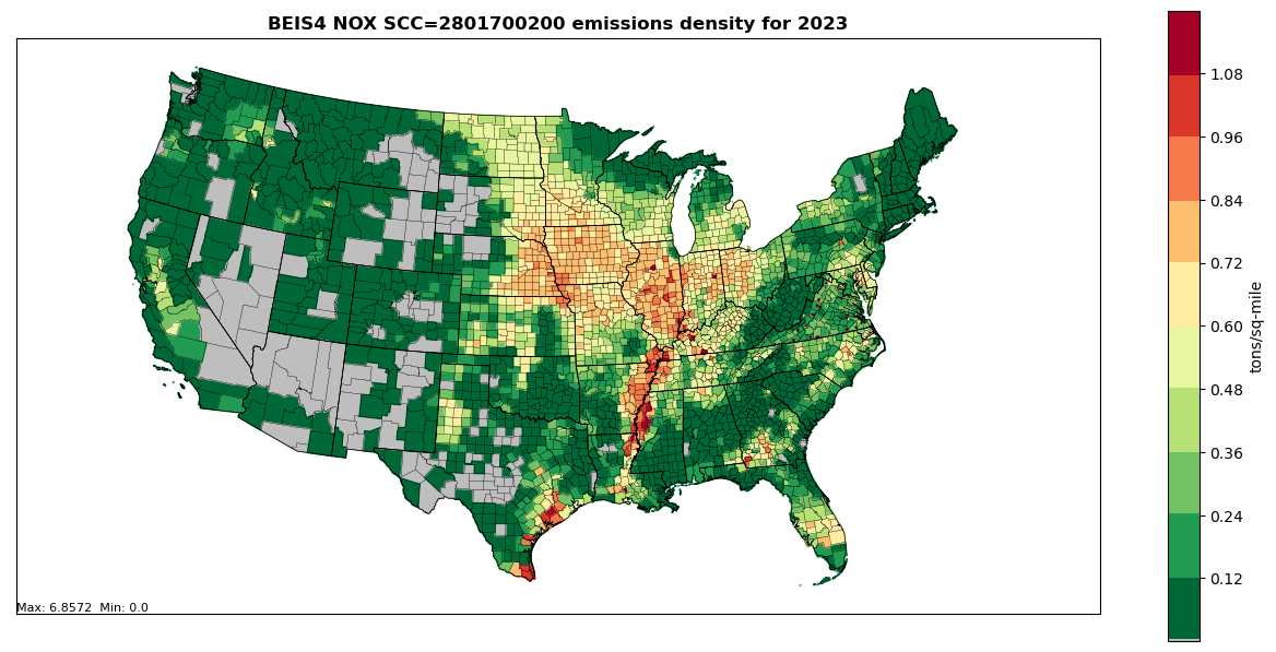 This figure shows an annual VOC County emissions density map for year 2023 (tons per square mile) for SCC 2801700200