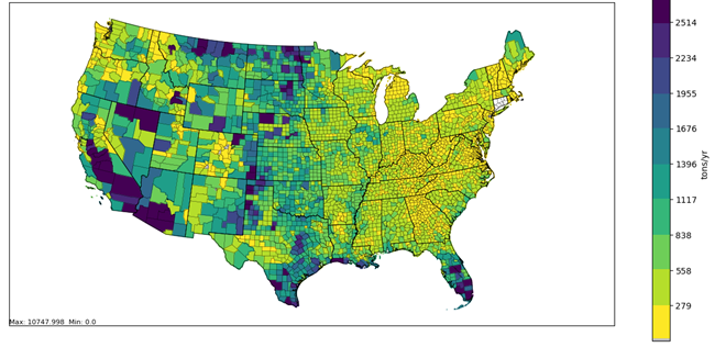 This figure shows the distribution of total agricultural land NH3 emissions and non-agricultural land NH3 emissions (biogenic emissions from soil and vegetation) in the 2023 NEI