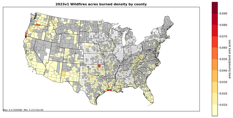 This figure shows 2023 NEI wildland fires county area burned density map