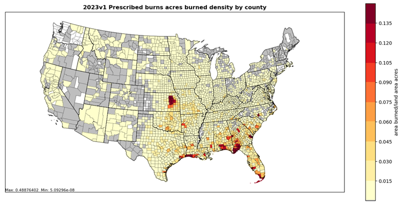 This figure shows 2023 NEI prescribed burns acres burned density map