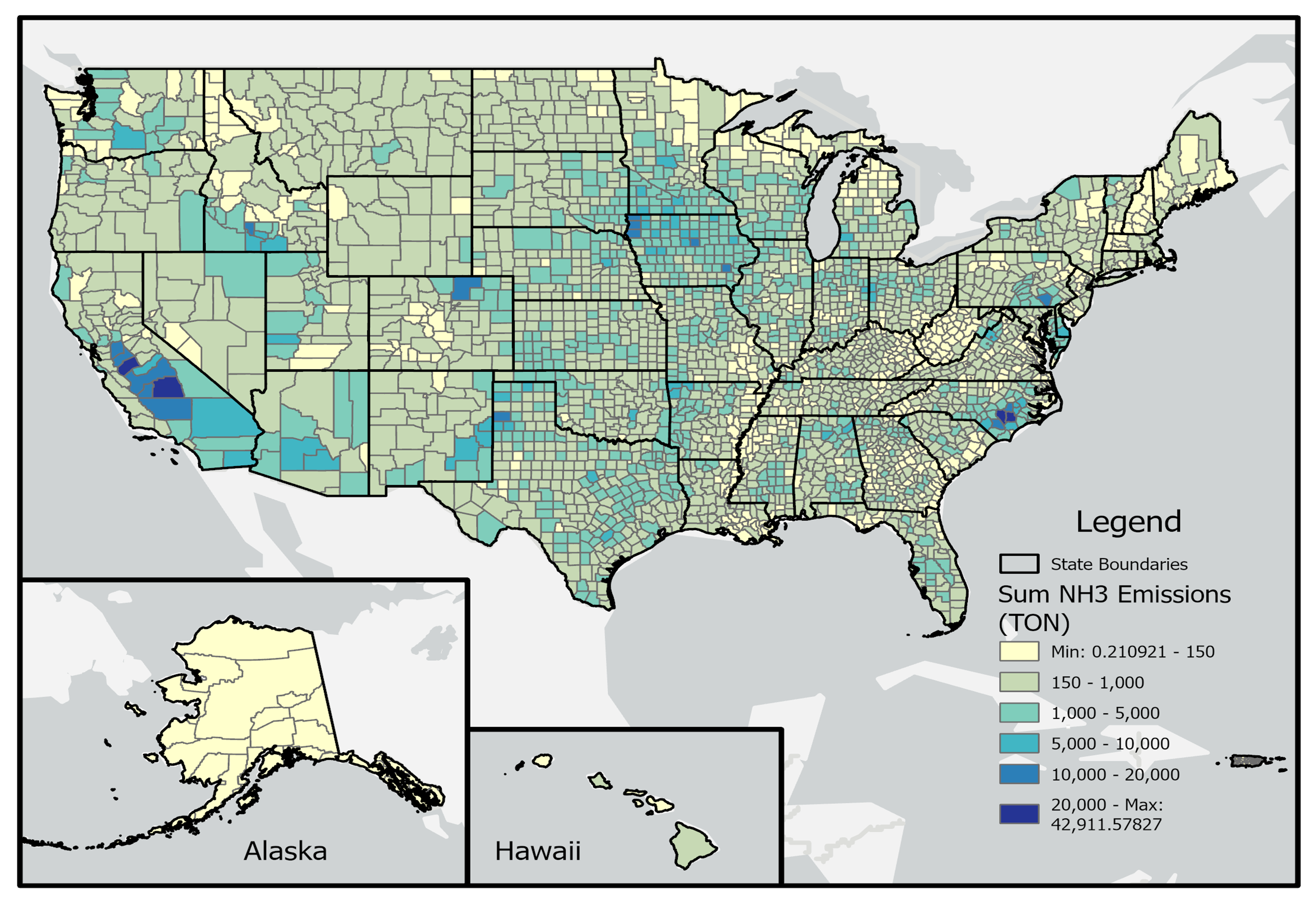 Total NH3 emissions from the 2023 livestock waste sector.