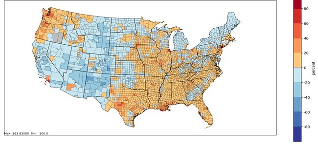 This figure shows the percent difference between NEI 2023 and NEI 2020 total agricultural land NH3 emissions and non-agricultural land NH3 emissions (biogenic emissions from soil and vegetation)
