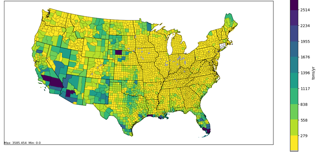 This figure shows the distribution of non-agricultural land NH3 emissions (biogenic emissions from soil and vegetation) in the 2023 NEI