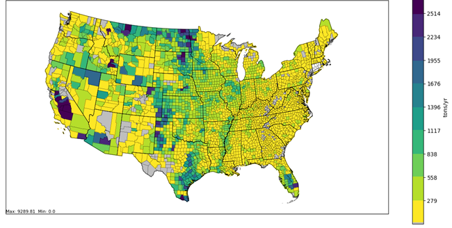 This figure shows the distribution of NH3 emissions from agricultural land in the 2023 NEI