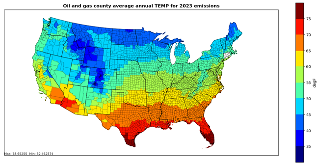 This figure shows the county, annual average temperatures at 2-meters above ground for year 2023