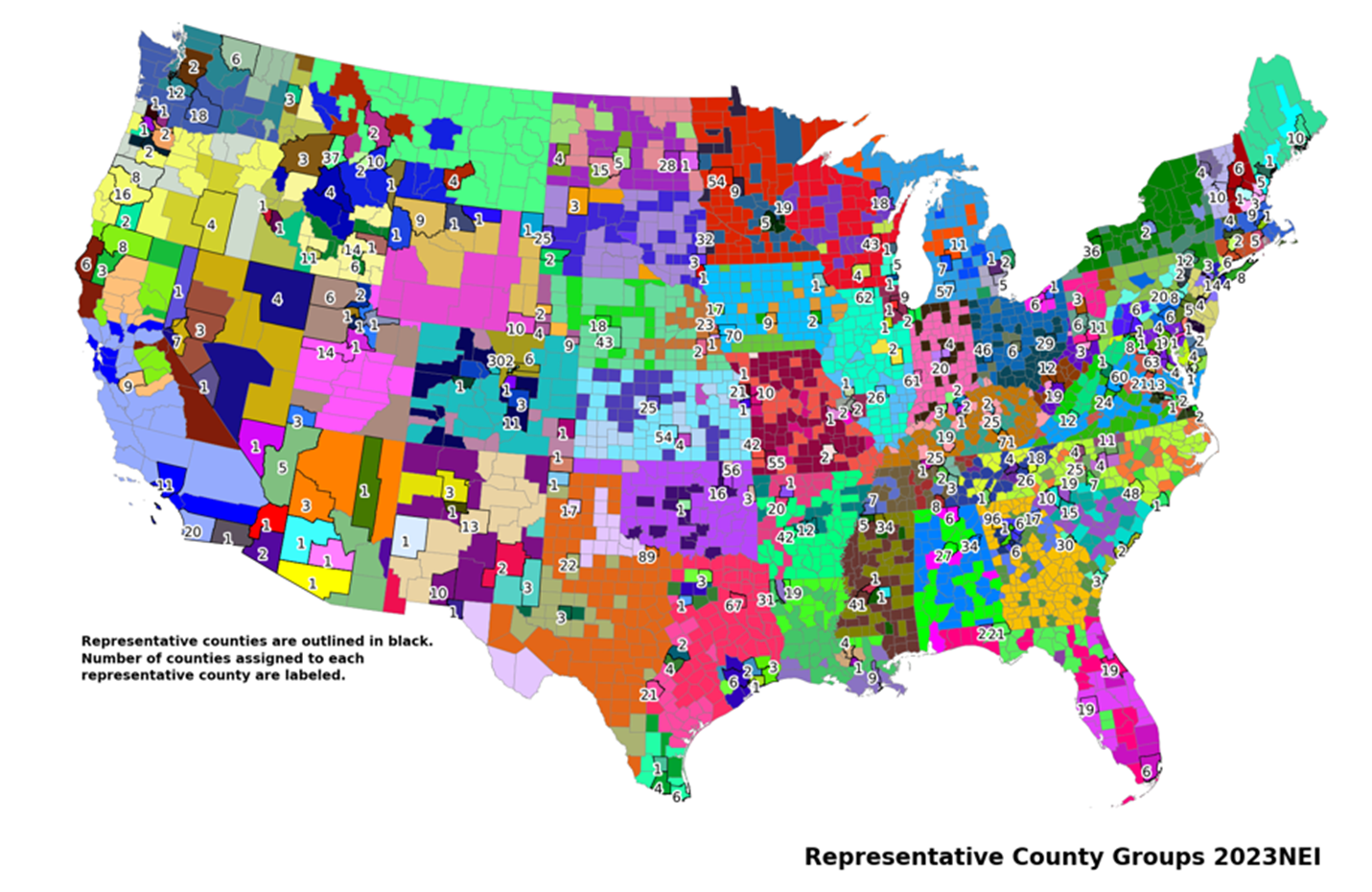 This figure shows representative county groups for the 2023 NEI.