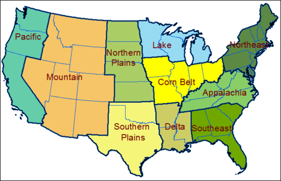 This figure shows the USDA farm production regions used in FEST-C simulations
