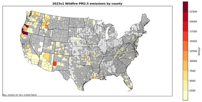 This figure shows 2PM~2.5~ county emissions for wildfires for 2023 NEI