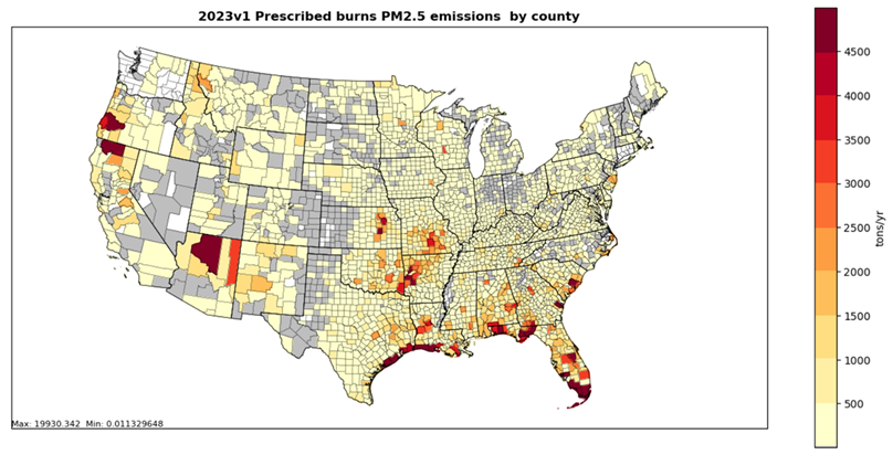 This figure shows PM~2.5~ county emissions for prescribed burns for 2023 NEI