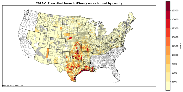Satellite-only (HMS) detected county acres burned for prescribed burns