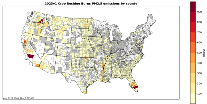 2023 NEI annual, county PM~2.5~ emissions for crop residue burns