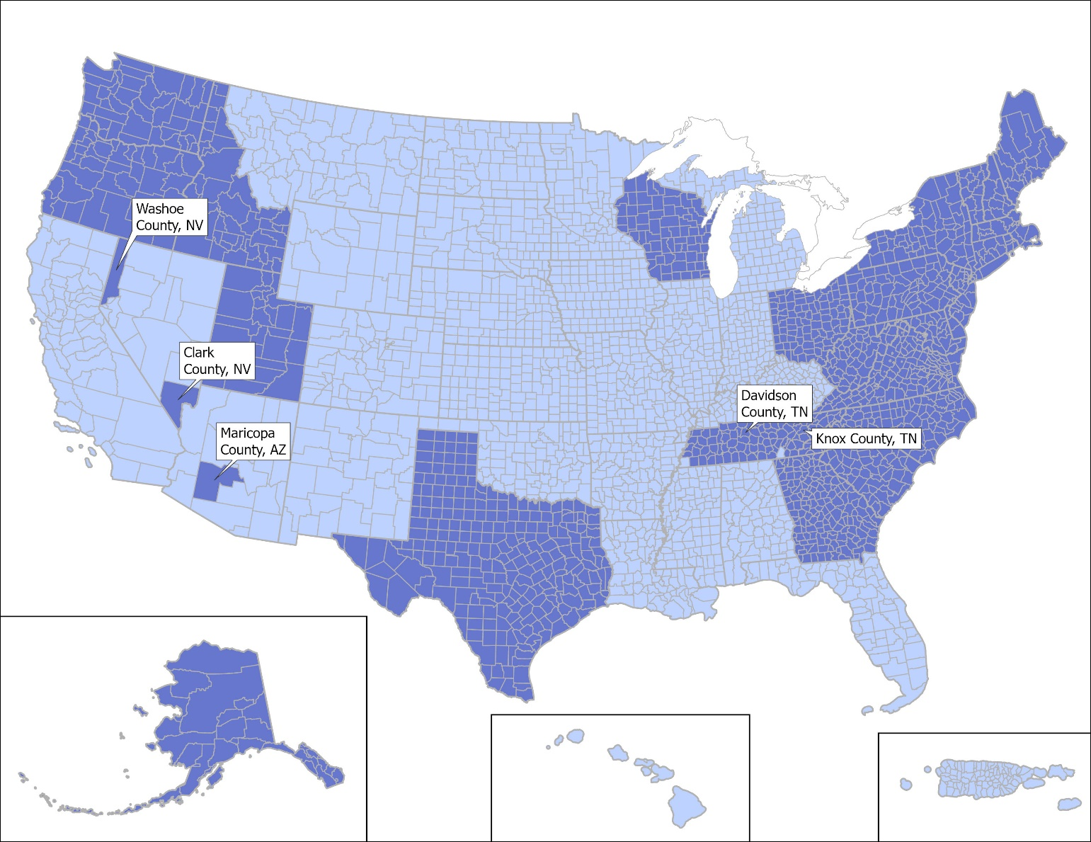 This figure shows counties for which agencies submitted local data for at least one CDB table.