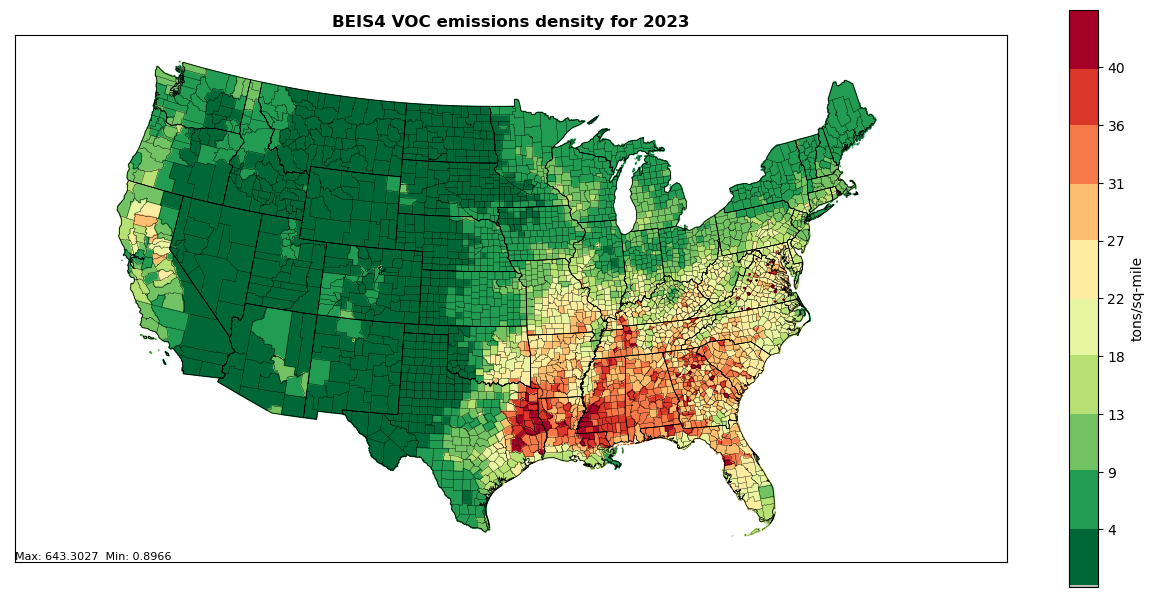 This figure shows an annual VOC County emissions density map for year 2023 (tons per square mile) for SCC 270120000